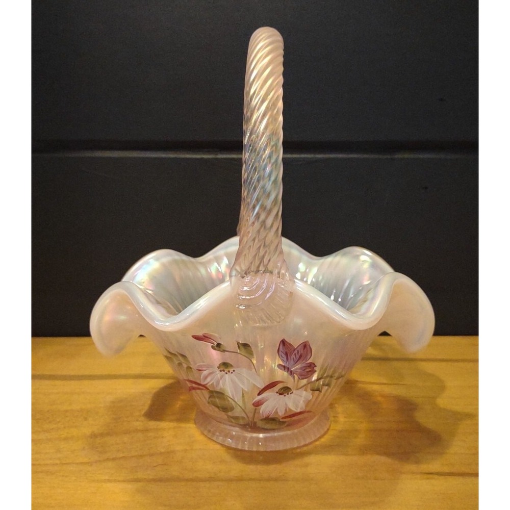 Fenton Iridescent Pink‎ Butterfly & Daisy Hand Painted Ruffed Basket